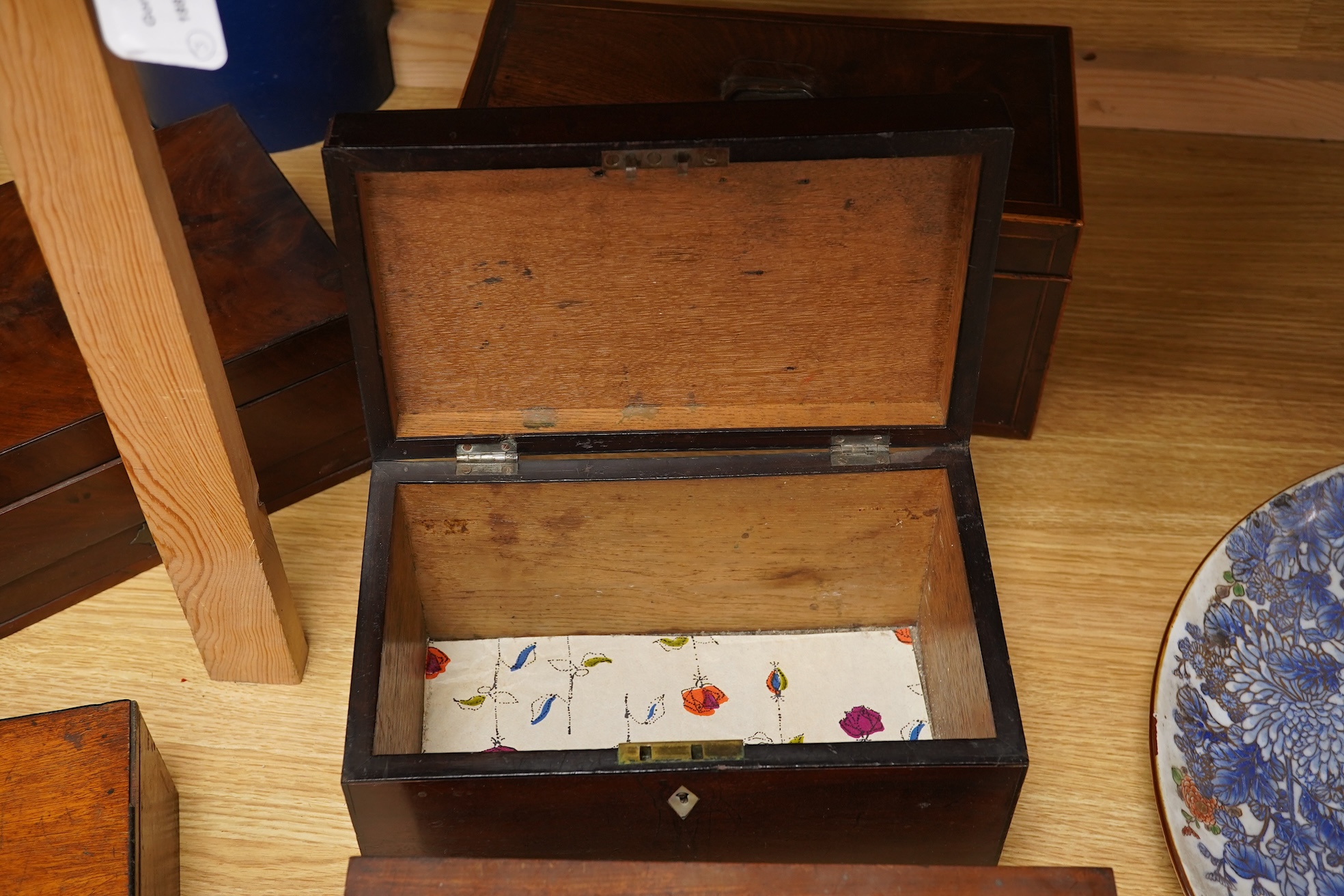 A group of five 19th-century boxes to include two artists paint boxes and a post box, largest 30cm wide